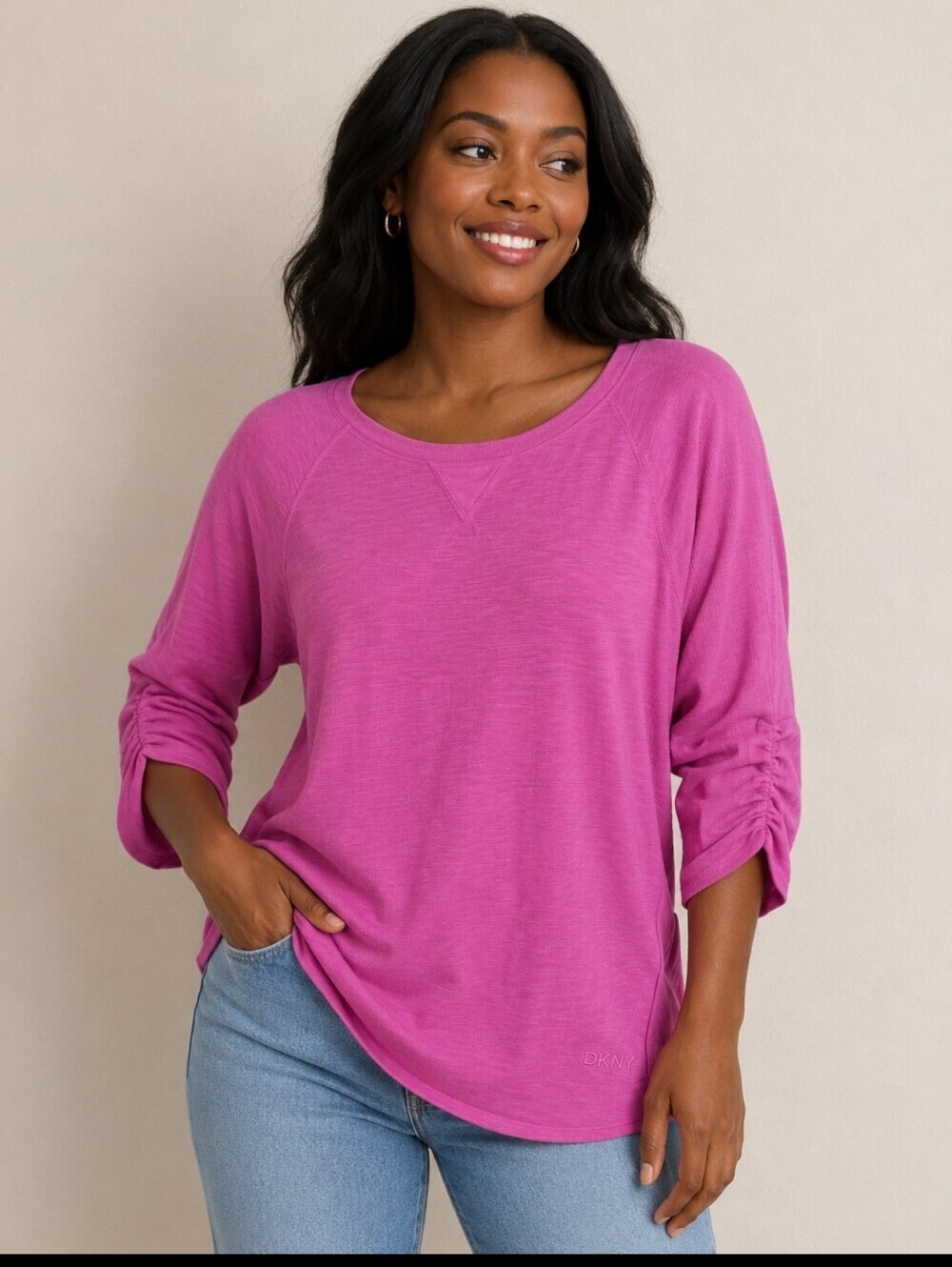 DKNY Sport Women’s M Pink Ruched Sleeve Lightweight Pullover Top NWT
